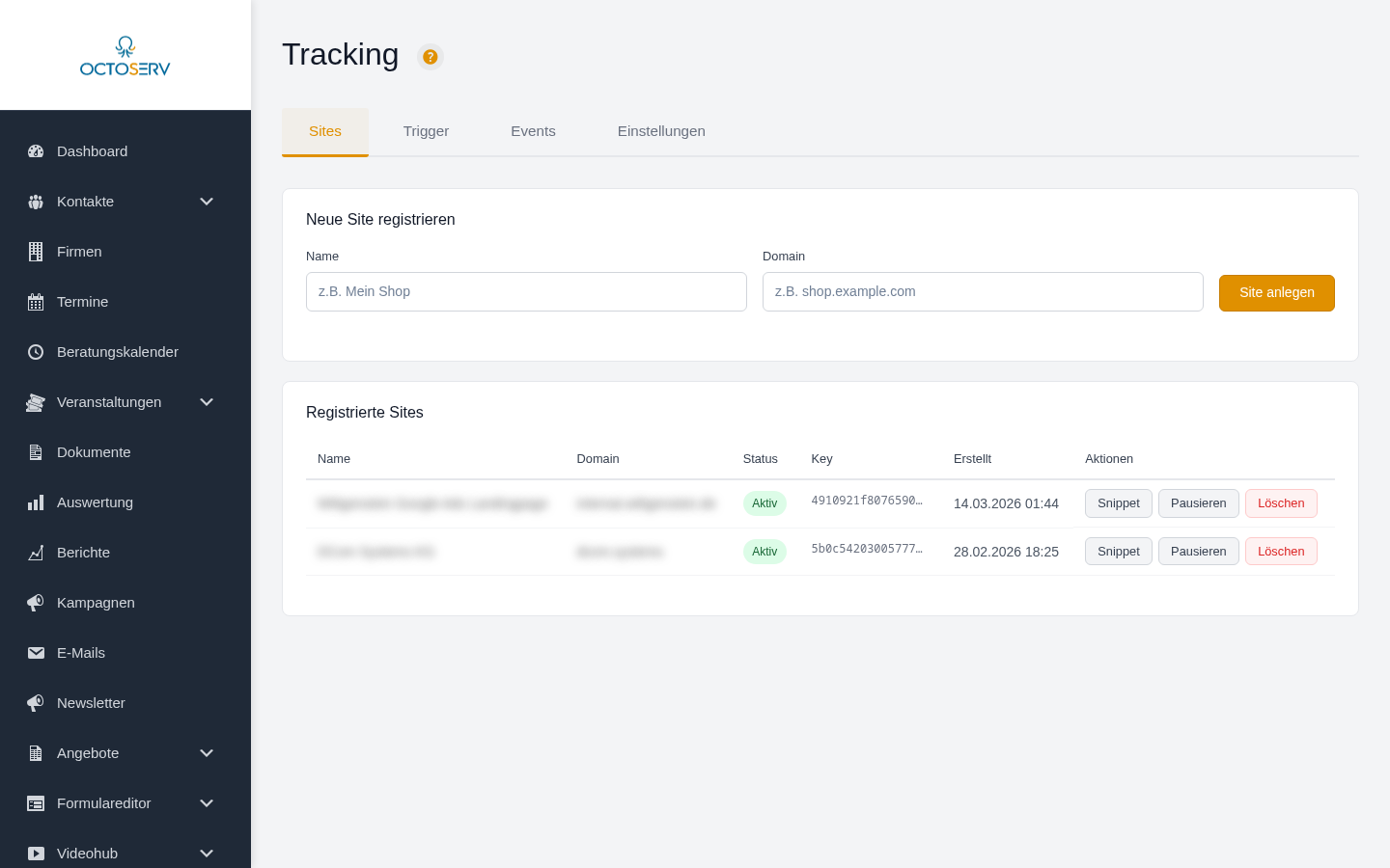 Tracking-Ansicht mit den 4 Tabs: Sites, Trigger, Events, Einstellungen