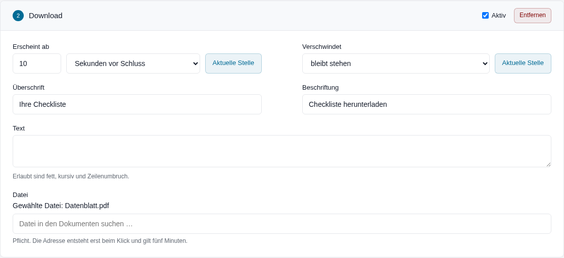 Download-Element: Checkliste erscheint zehn Sekunden vor Schluss