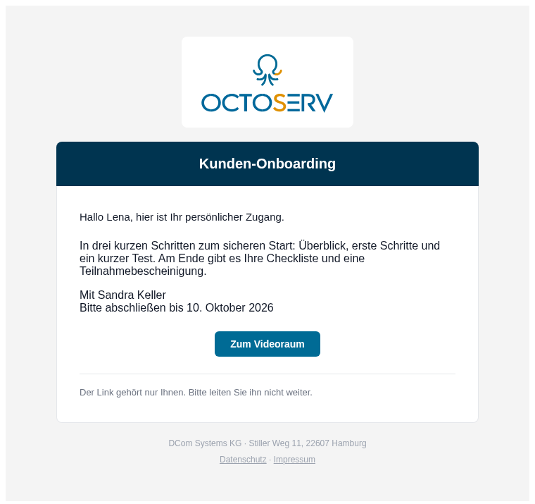 Einladungsmail mit Beschreibung, Referent, Frist und Knopf Zum Videoraum