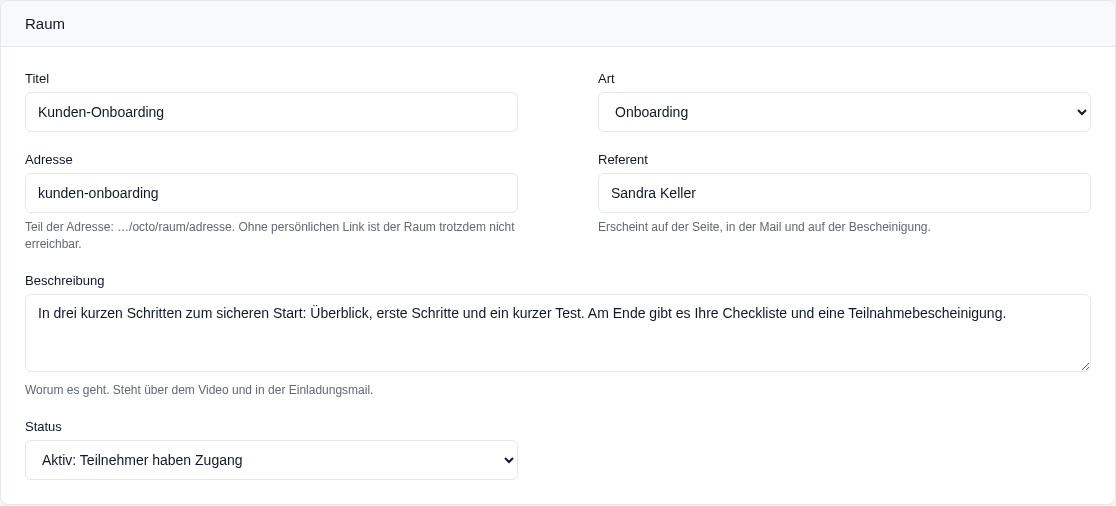 Raum Kunden-Onboarding mit Titel, Art Onboarding, Adresse, Referent und Beschreibung