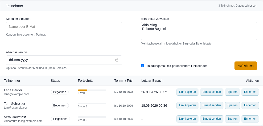 Teilnehmerliste mit Status, Fortschritt, Frist und letztem Besuch