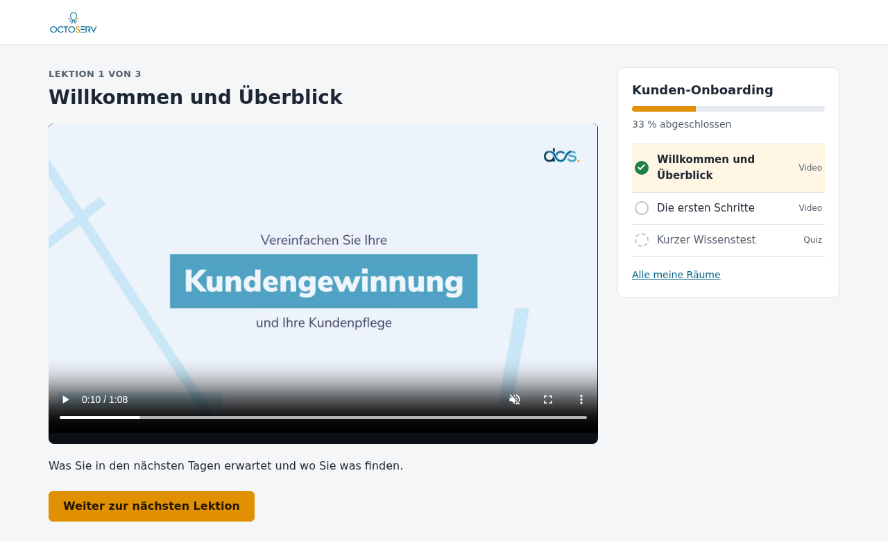Lektion 1 mit Video, Text, Weiter-Knopf und Lektionsliste mit 33 Prozent Fortschritt