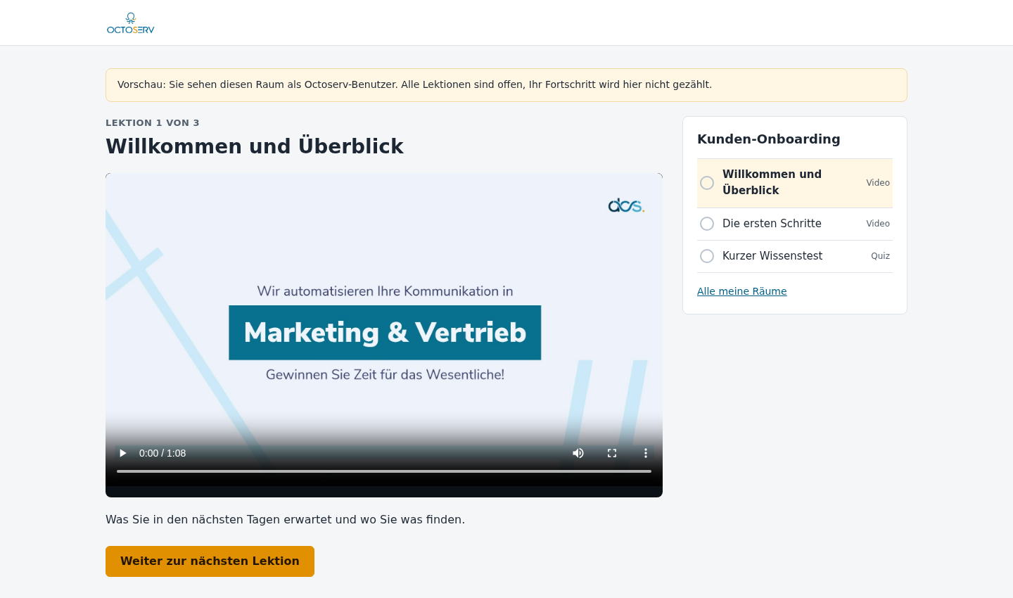 Vorschau des Raums mit Hinweis, Video, Text und Lektionsliste