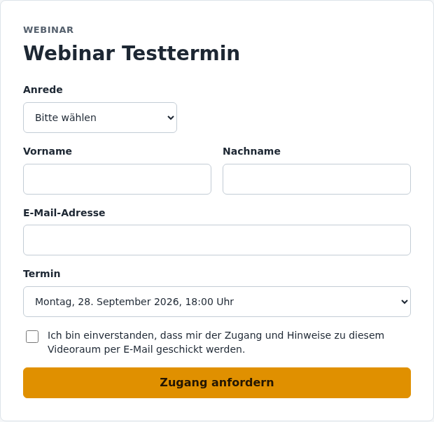 Anmeldeformular eines Webinars mit Terminauswahl