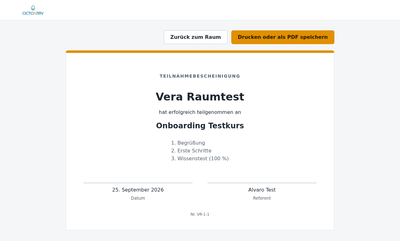 Teilnahmebescheinigung mit Name, Kurs, Lektionen, Datum und Referent