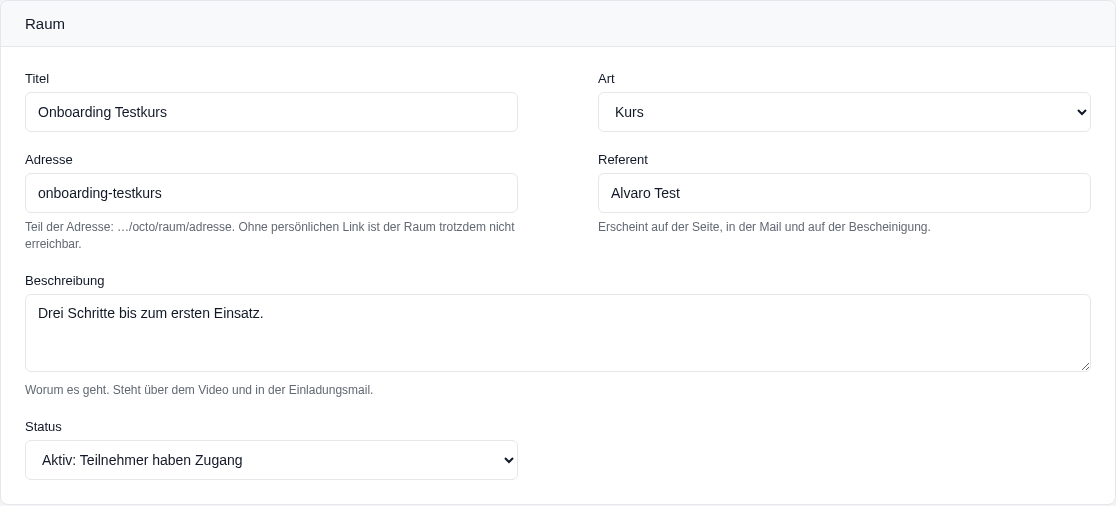 Titel, Art, Adresse, Referent, Beschreibung und Status eines Raums