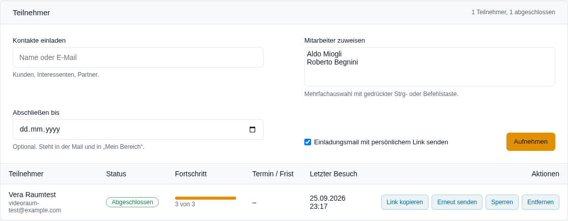 Einladen von Kontakten und Mitarbeitern, darunter die Liste mit Status und Fortschritt