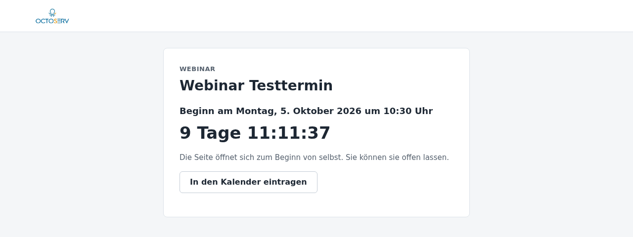 Ein Webinar vor dem Beginn mit Datum, Countdown und Kalendereintrag