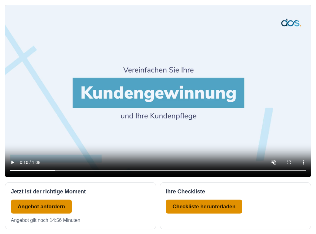 Unter dem Video stehen Angebot mit Countdown und Checkliste nebeneinander